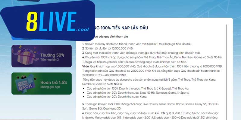Khuyến mãi nạp đầu 100% tại 8live: Cơ hội vàng cho tân thủ 1 Khuyến mãi nạp đầu 100% giúp nhân đôi số vốn ban đầu